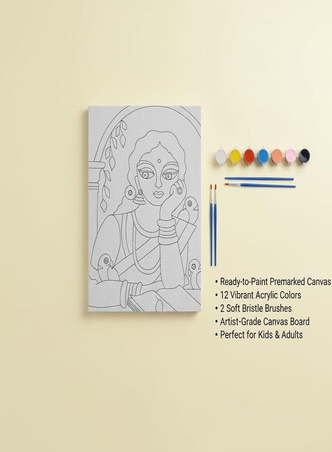 HOBBY INDIA مجموعة لوحة الرسم على القماش من هوبي إنديا للأطفال والكبار | هدية فنية وحرفية للأولاد والبنات | تصميمات فنية هندية يدوية الصنع جاهزة | ديكور للمنزل، غرفة النوم، غرفة المعيشة والمكتب (12 × 9 بوصة) (للسيدات) - Image 5